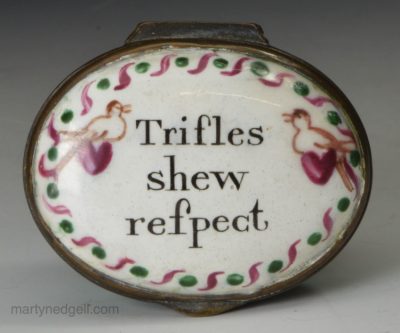 Bilston enamel patch box, circa 1780 'Trifles shew respect'