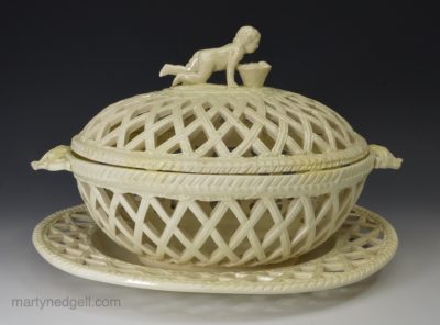 Creamware pottery basket, cover and stand, circa 1775