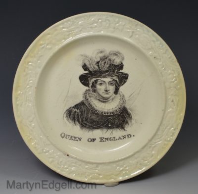 Creamware pottery child's plate commemorating Queen Caroline, circa 1821, 'QUEEN OF ENGLAND'