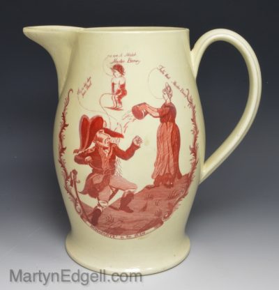 Creamware pottery jug decorated with prints of the resumption of war, circa 1803