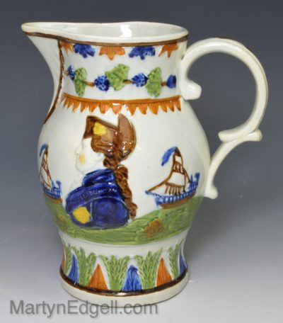 Prattware pottery commemorative jug moulded with Admiral Duncan, circa 1800