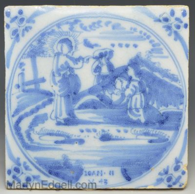 Dutch Delft biblical tile of the rise up Lazarus, circa 1750