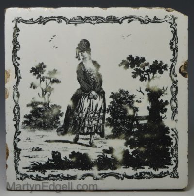 Liverpool delft Sadler tile of 'A Modern Demi-rep on the Look-out', circa 1770