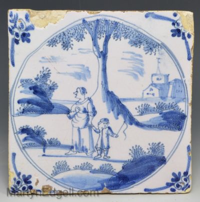 London delft tile decorated with a man and boy, circa 1750