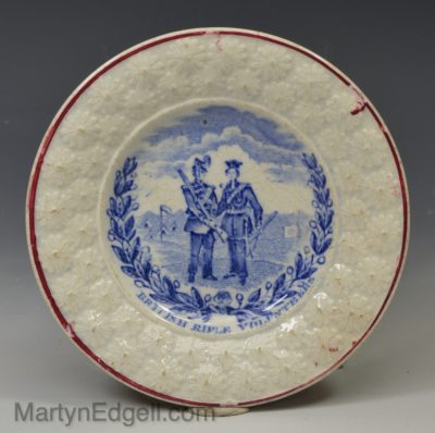 Pearlware pottery child's plate 'BRITISH RIFE VOLUNTEERS', circa 1859
