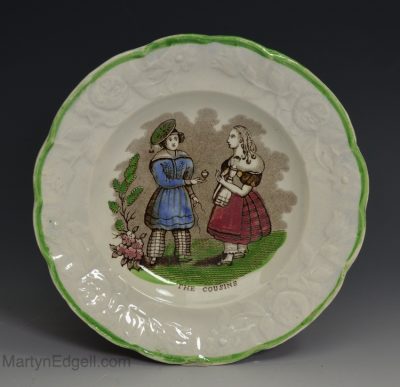 Pearlware pottery child's plate 'THE COUSINS', circa 1840