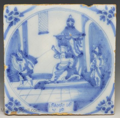Dutch Delft biblical tile of Esther before Ahasuerus, circa 1750
