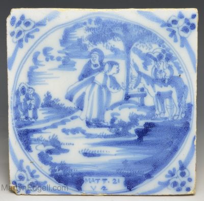 Dutch Delft biblical tile of Jesus sending two disciples to secure donkey, circa 1750