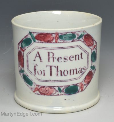 Pearlware pottery child's mug 'A Present for Thomas', circa 1820