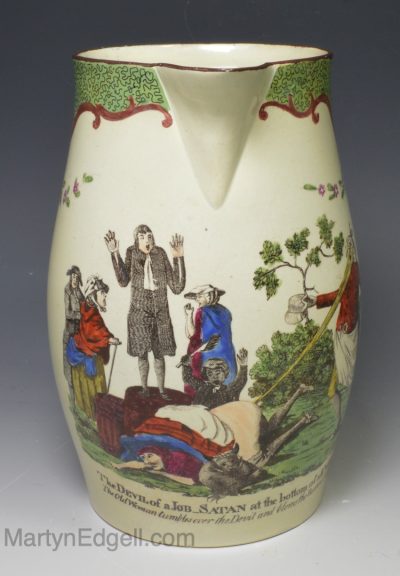 Pearlware pottery jug 'The Devil of a Job- SATAN at the bottom of all Mischief', circa 1800