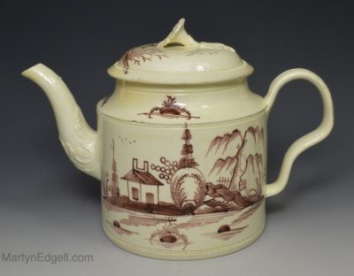 Yorkshire creamware pottery teapot painted in brown, circa 1770