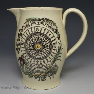 Liverpool creamware jug decorated with a print of an American ship and ‘Come Box the Compass’, circa 1790