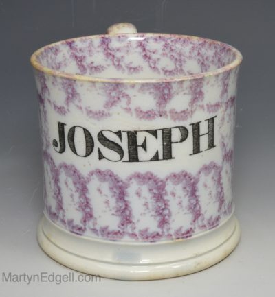 Pearlware pottery child's mug decorated with a sponge effect 'JOSEPH', circa 1830