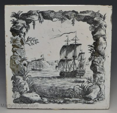 Liverpool delft Sadler tile of a ship seen inside a rocky grotto, circa 1755-1760