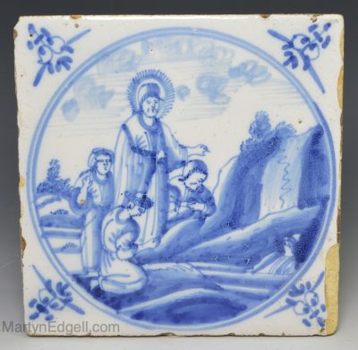 Dutch Delft biblical tile of Moses getting water from a rock, circa 1750
