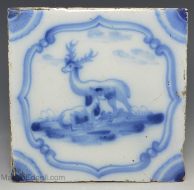 Liverpool delft tile decorated with two deer, circa 1750