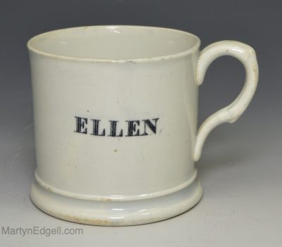 Pearlware pottery child's mug 'A. FATHER'S REGARD, ELLEN', circa 1830