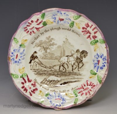 Pearlware pottery child's plate 'He that by the plough would thrive', circa 1840