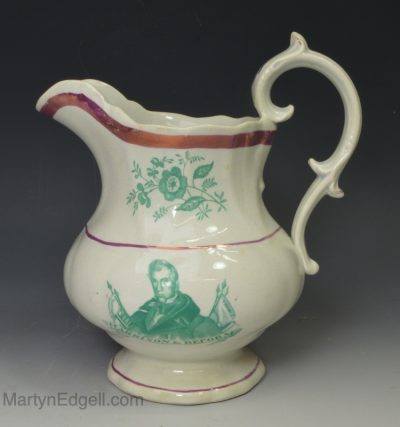 Pearlware pottery jug commemorating 'HARRISON AND REFORM', circa 1840