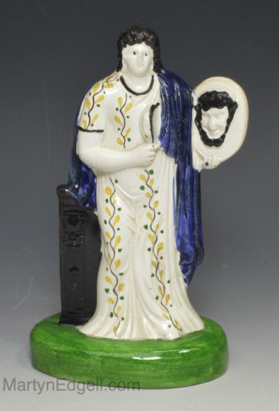 Pearlware pottery figure Athene golding Gorgons head, circa 1820, possibly Scottish