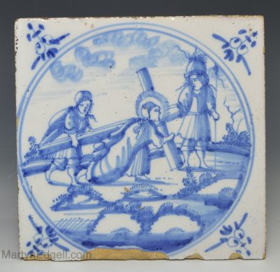 Dutch Delft biblical tile of Christ carrying the cross, circa 1750