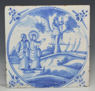 Dutch Delft biblical tile of Jacchaeus up a tree, circa 1750