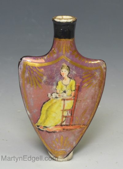 Pearlware pottery scent bottle decorated in pink lustre, circa 1820