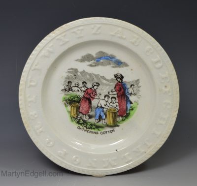 Pearlware pottery child's plate 'GATHERING COTTON', circa 1875, Elsmore and Sons Pottery