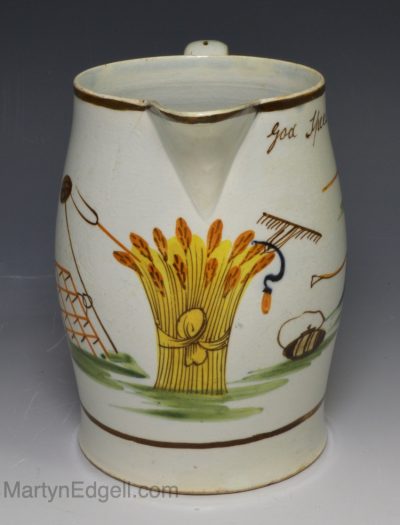 Prattware pottery jug 'God speed the plough', circa 1820