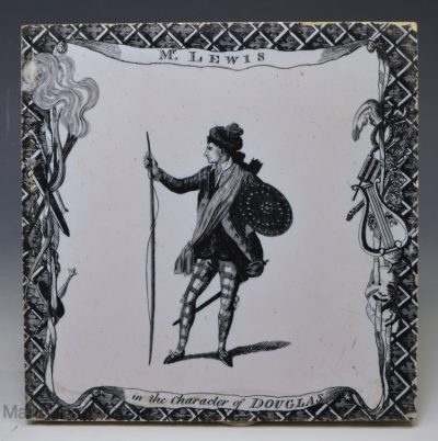 Liverpool delft Sadler tile of Mr Lewis in the Character of Douglas, circa 1775