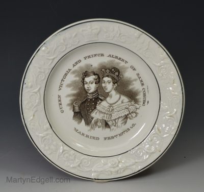 Pearlware pottery child's plate commemorating Queen Victoria and Prince Albert's marriage, circa 1840
