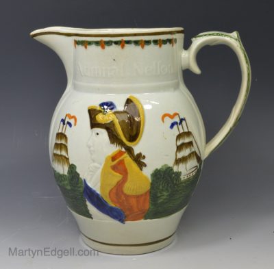 Prattware pottery jug commemorating Admiral Nelson and Captain Berry, circa 1800
