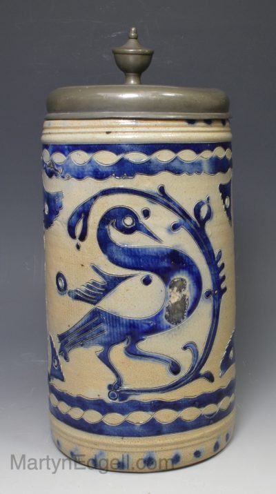 Westerwald saltglaze stoneware tankard decorated with exotic bird, circa 1740