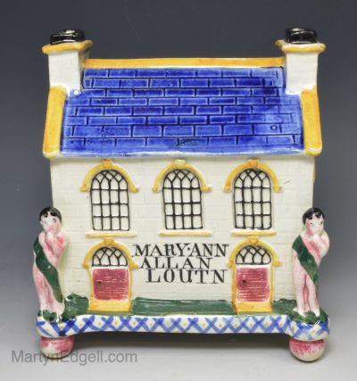 Large prattware savings bank, MARY ANN ALLAN, LOUTN (sic) and he family bible, circa 1830