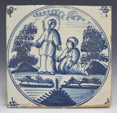 Dutch Delft biblical tile of a Woman healed with the issue of blood, circa 1740
