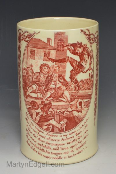 Creamware mug decorated with a humorous print in red (Mary Andrew), circa 1780