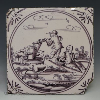 Dutch Delft tile decorated in manganese, circa 1740