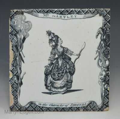 Liverpool delft Sadler tile of Mrs Hartley in the Character of Imoinda, circa 1775
