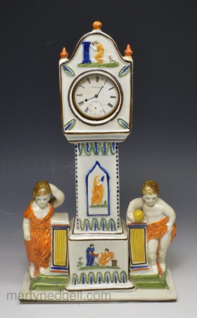 Prattware pottery long case clock watch stand, circa 1820