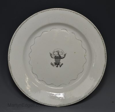 Pearlware pottery plate printed 1800 with American coat of arms, circa 1800