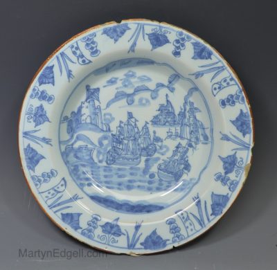 Liverpool delft soup bowl decorated with the battle of Portobello