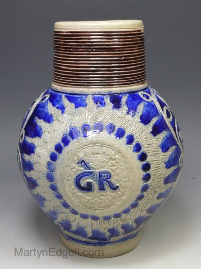 Westerwald saltglaze stoneware ‘GR’ jug, circa 1720