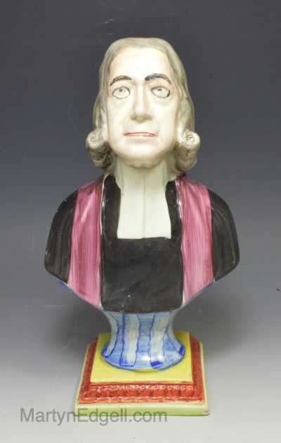 Pearlware pottery bust of the Rev. John Wesley, circa 1820