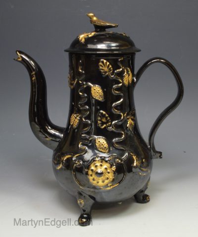 Jackfield black pottery coffee pot with original honey gilding, circa 1760