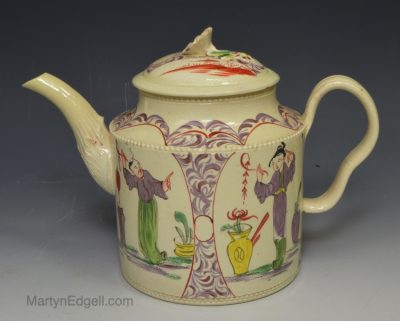 Greatbatch creamware pottery teapot decorated with enamels over the glaze, circa 1770