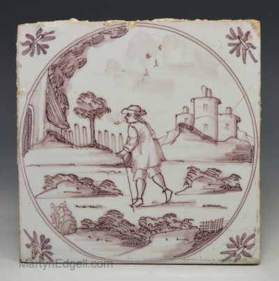 Bristol delft tile decorated with a man in manganese, circa 1750