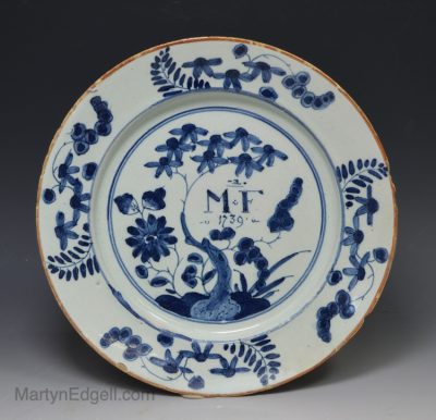 London delft marriage plate decorated in blue, dated 1739