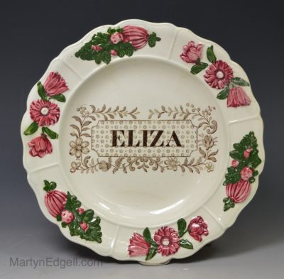 Pearlware pottery child's plate 'ELIZA', circa 1830