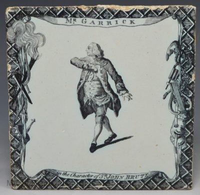 Liverpool delft Sadler printed tile of Mr Garrick in the character of Sir John Brute, circa 1780