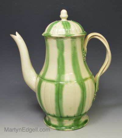 Creamware pottery coffee pot decorated with green stripes, circa 1770